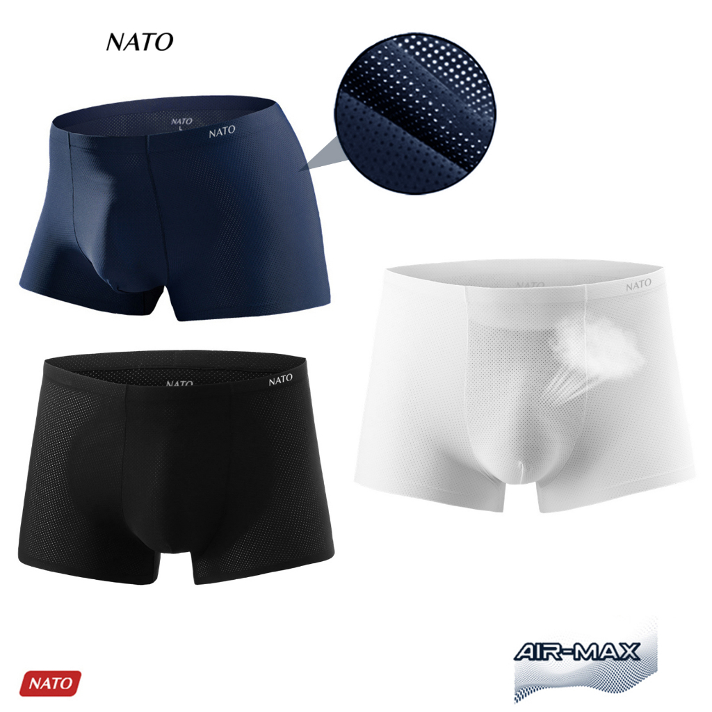 Quần Lót Boxer AIR-MAX Nam Vải Lụa Băng Tự Nhiên 100% Thun Lạnh Cao Cấp Màu Đen Xám Basic Trơn Mát Thoáng Xì Lip Sì NATO