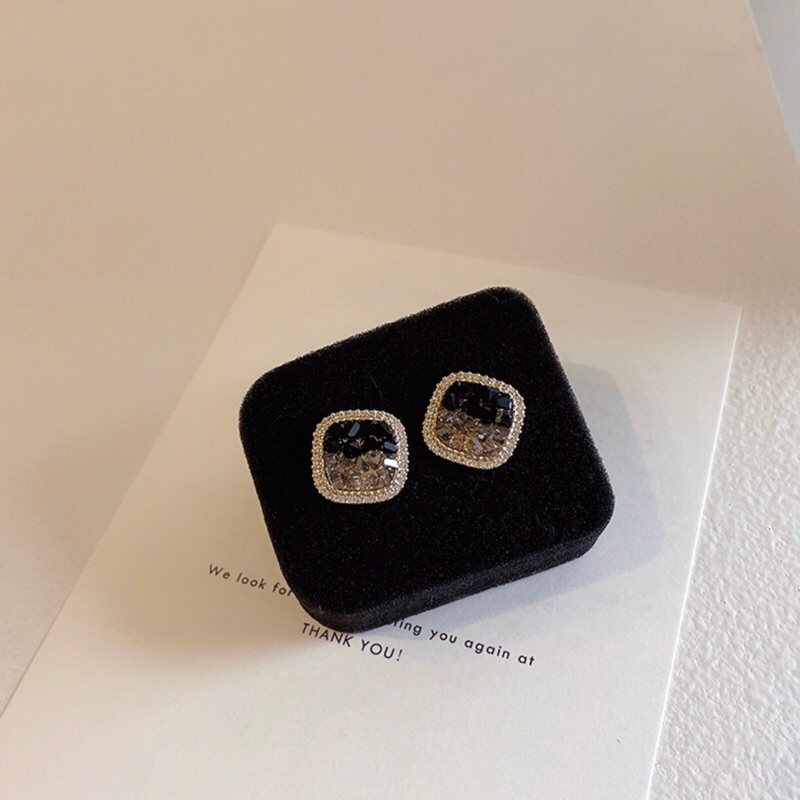 Bông tai vuông đen đính đá zircon phong cách thời trang thanh lịch cho nữ