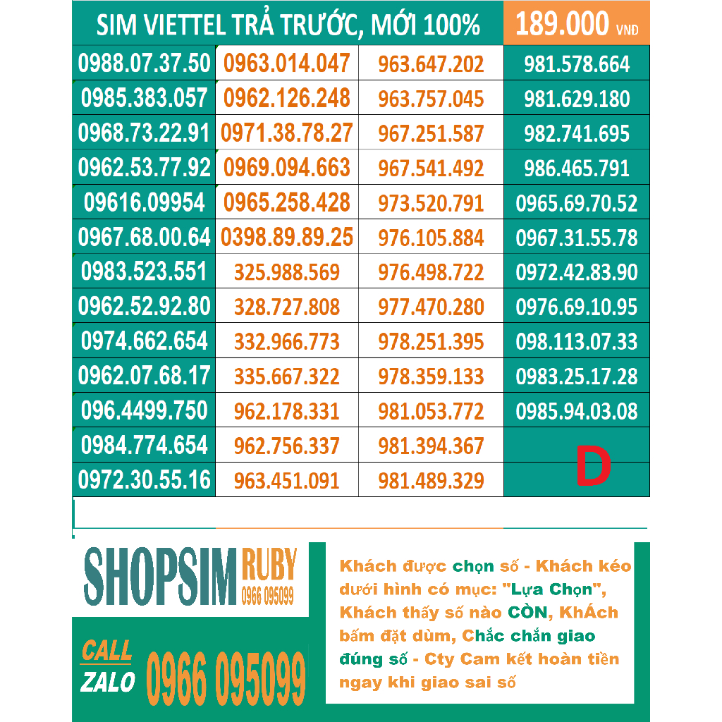 Viettel 09 đẹp - Chọn số - Sim Trả TRước, 4G, nghe gọi, Toàn quốc, Sim có những gói cước 4g hấp dẫn: V90, V120N ...