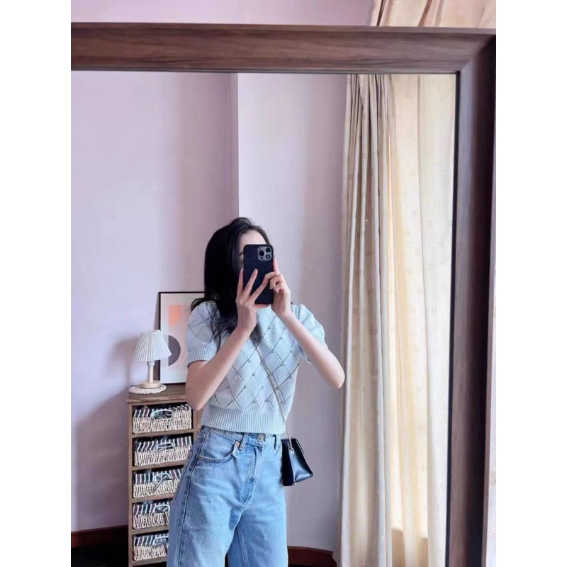 Áo len ngắn tay đính đá kiểu hotgirl siêu sang
