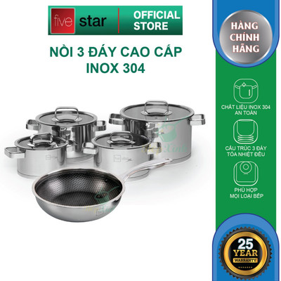 Bộ nồi inox 304 và chảo tổ ong Blackcube 3 lớp đáy liền khối cao cấp Fivestar Plus 5 món nắp kính , dùng được mọi bếp