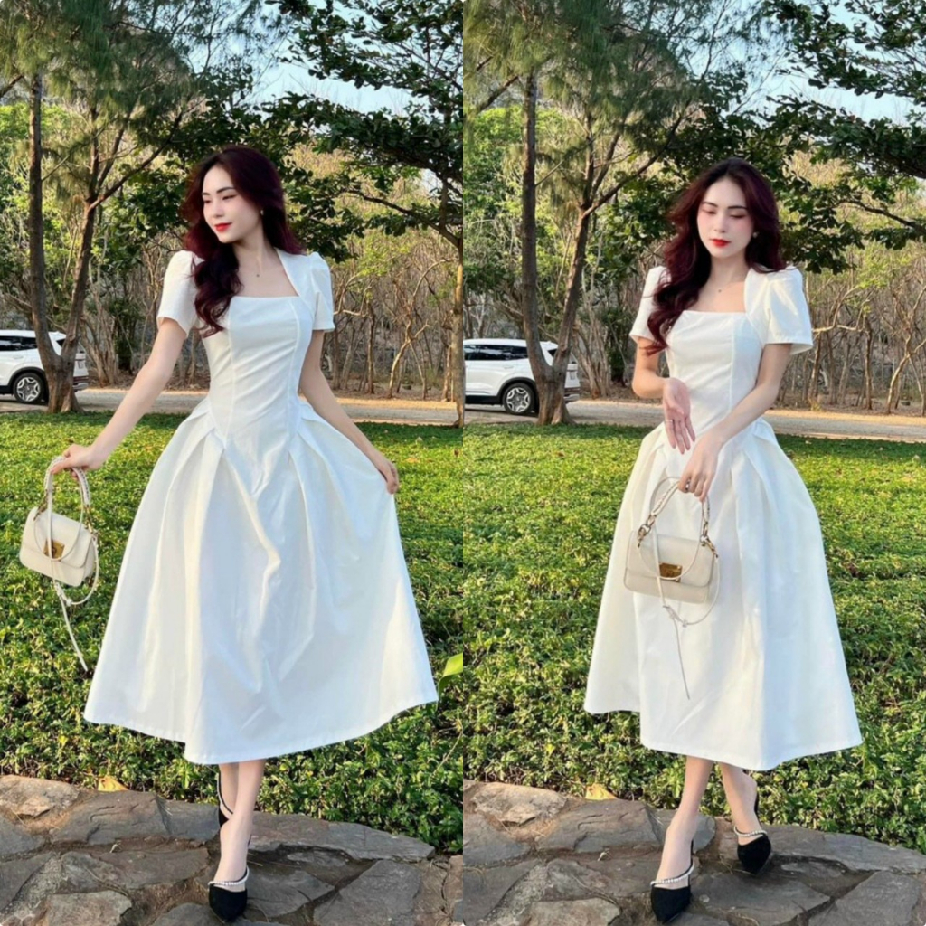 Váy đầm nữ trắng tay phồng cổ vuông (có mút) kiểu dáng xòe xếp ly xinh xắn