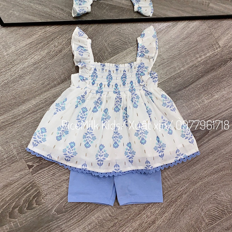 Bộ cánh tiên smock hoa xanh xuất dư xịn