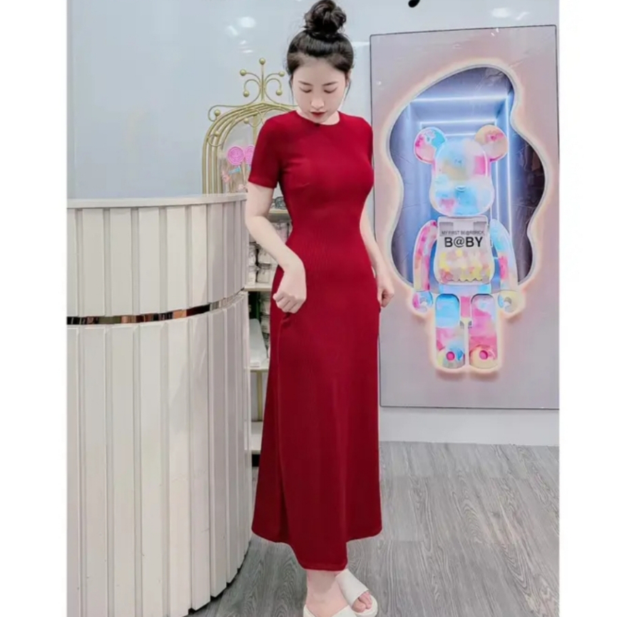 Đầm Váy Xẻ Tà Thun Gân Tăm Cổ Tròn Bigsize 50-95kg