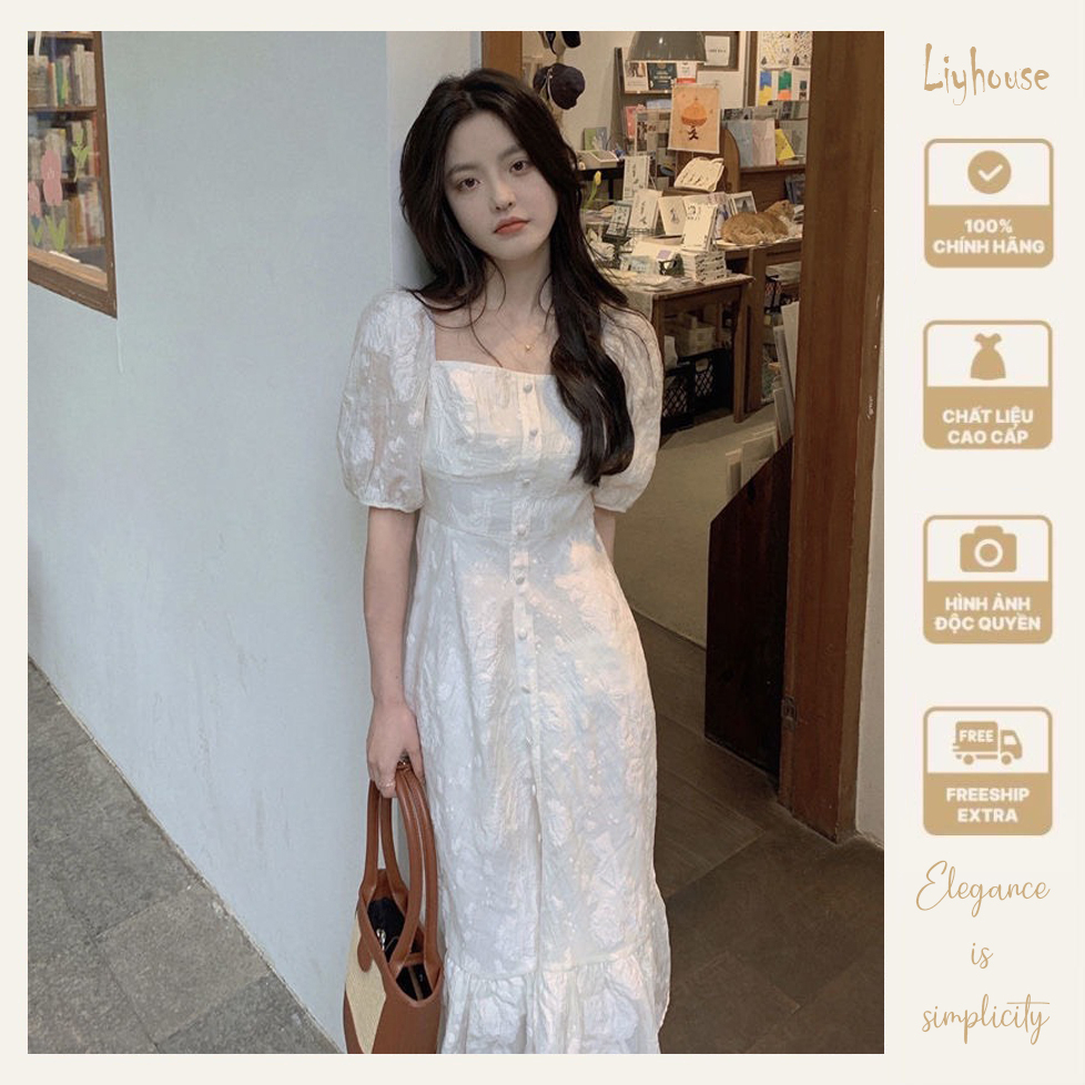 Đầm thiết kế dự tiệc dáng dài cổ vuông, váy nữ dáng rộng đi chơi nhẹ nhàng quyến rũ