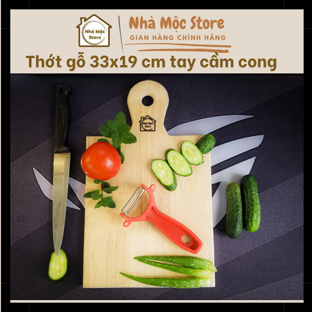 Thớt gỗ cao su NHÀ MỘC có tay cầm dài tiện dụng nhiều kiểu dáng