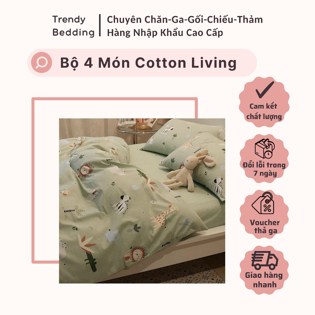 🌷Bộ Chăn Ga Gối 4 Món Cotton 100%🌷Cotton Living nhập khẩu cao cấp🌷Mẫu Sở Thú