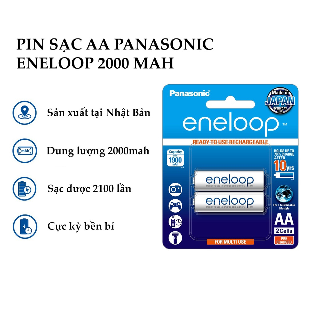 Pin sạc AA Eneloop Nhật Bản, pin sạc Panasonic 2000mAh chính hãng (BK-3MCCE)