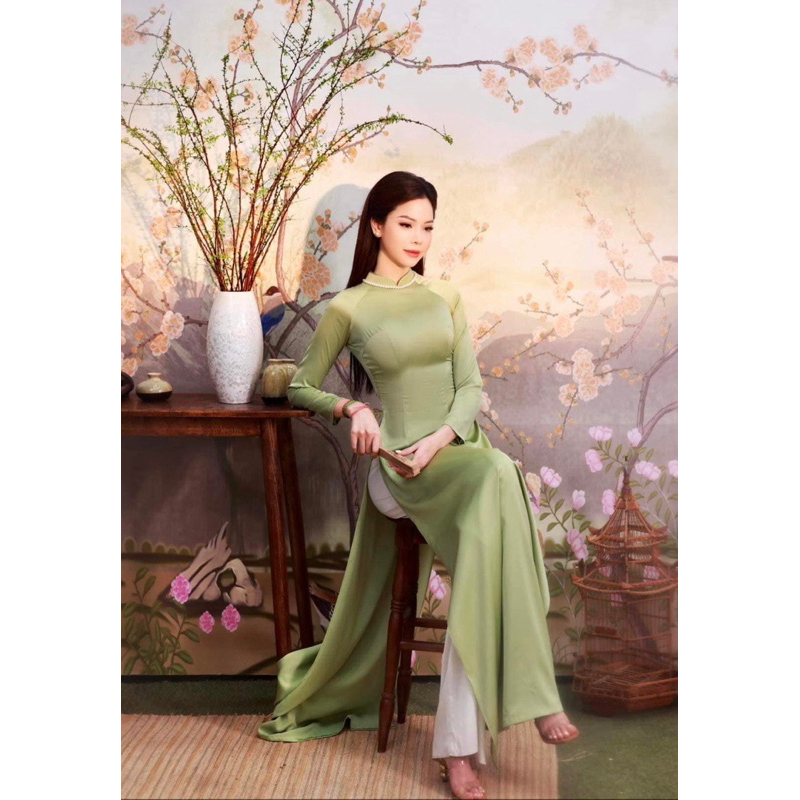 Áo Dài Lụa Ngọc Trai, Áo Dài Thảo , Xanh Bạc Hà kèm quần