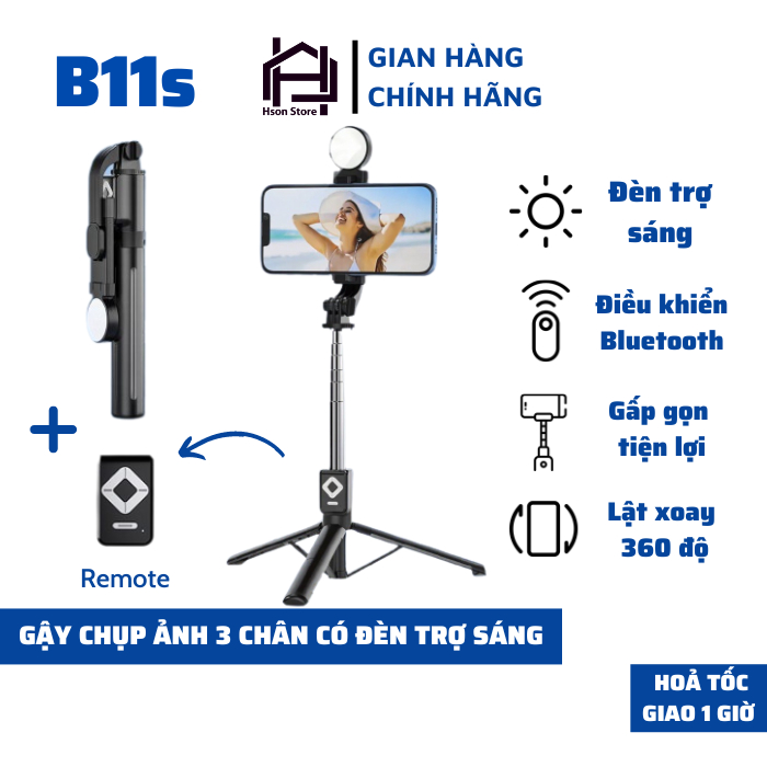 Gậy chụp ảnh 3 chân thế hệ mới, có đèn led trợ sáng remote điều khiển từ xa,Gậy selfie chụp hình, tự sướng HSON cao cấp