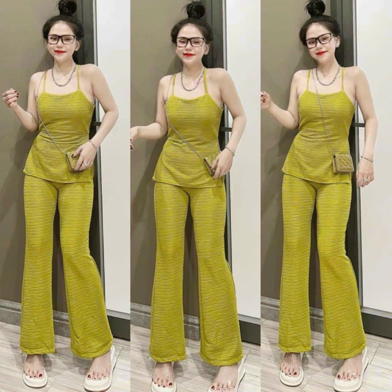 Đồ bộ nữ, set đồ bộ quần ống loe đai cao, áo 2 dây ôm cổ yếm xẻ lai vải thun gân xốp nhún dày 2 lớp, bộ đồ mặc ở nhà nữ