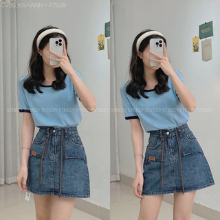 Chân váy jeans dáng ngắn kèm dây, chân váy dáng chữ A túi 2 bên