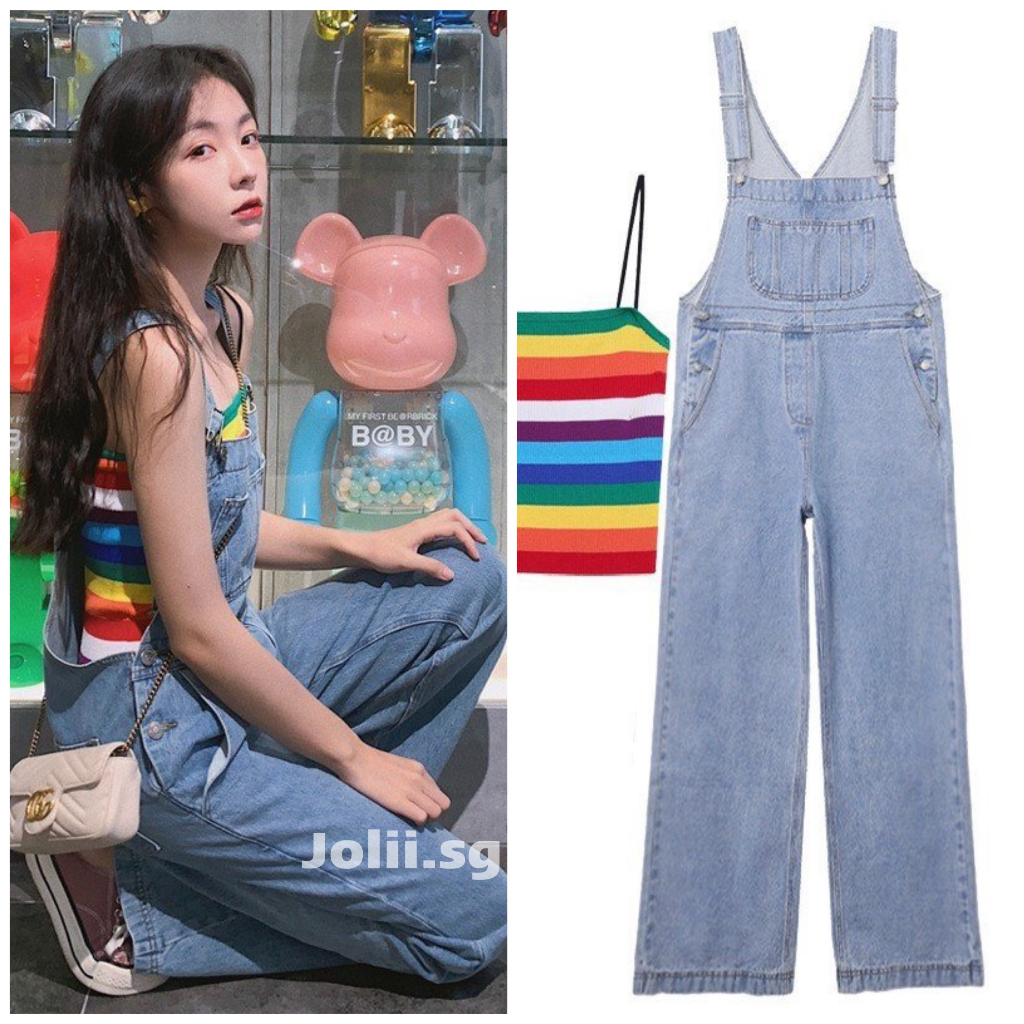 Quần yếm Jeans nữ JOLII.SG XANH NHẠT ống suông rộng phủ chân phối túi ngực to Hàn Quốc năng động