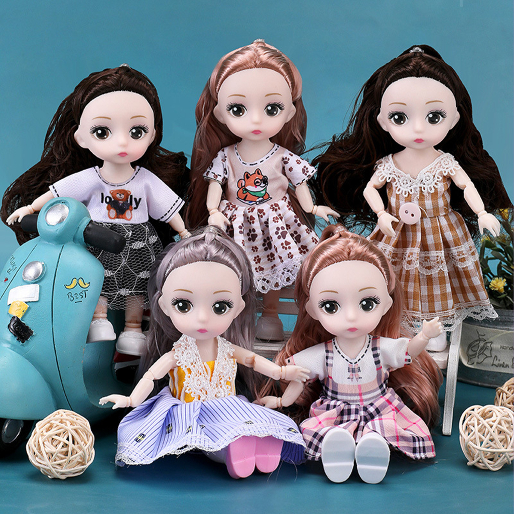 Búp bê barbie 3D có khớp xoay, đồ chơi cho bé gái công chúa mini 17cm kèm quần áo xinh xắn - BBB01