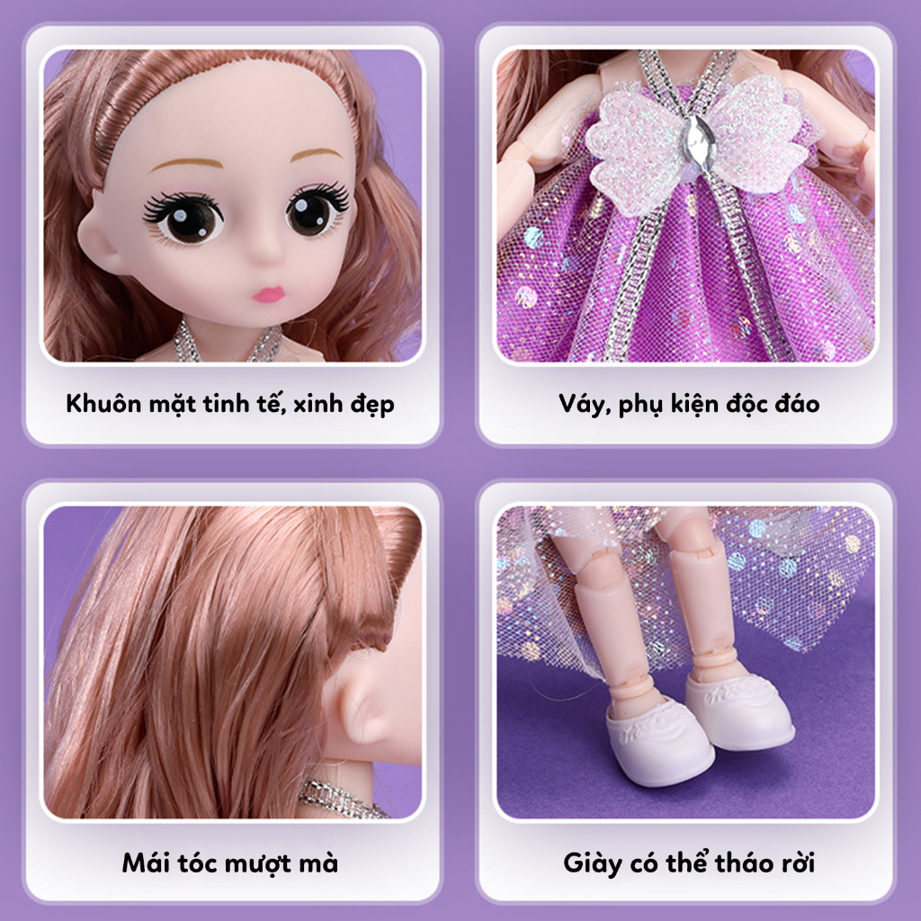 Búp bê barbie 3D có khớp xoay, đồ chơi cho bé gái công chúa mini 17cm kèm quần áo xinh xắn - BBB01