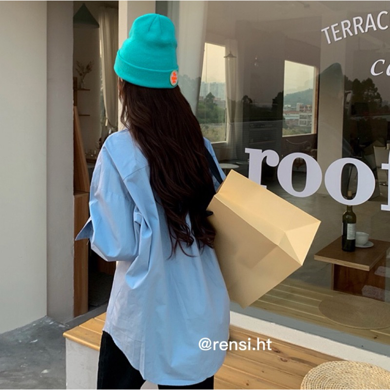 Áo sơ mi phông rộng thiết kế tay dài màu xanh pastel ulzzang RENSI