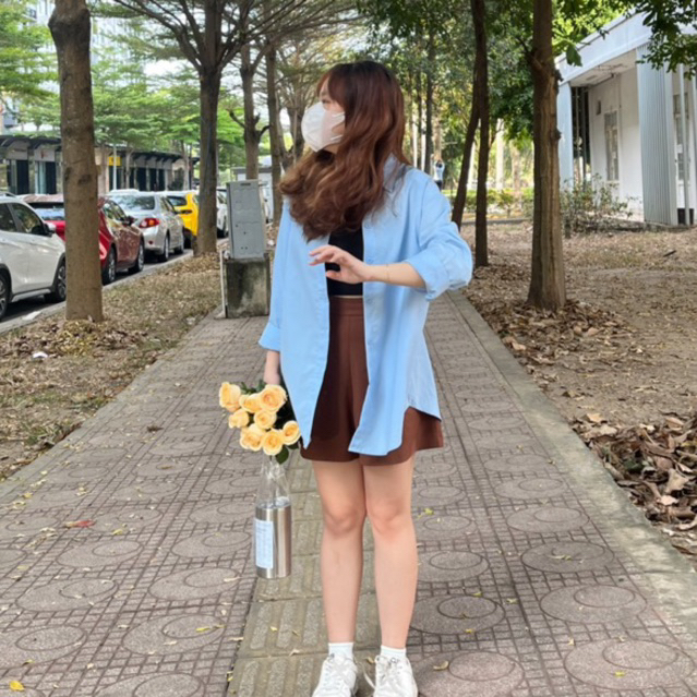 Áo sơ mi phông rộng thiết kế tay dài màu xanh pastel ulzzang RENSI