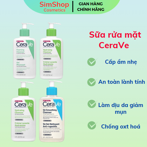 Sữa rửa mặt CeraVe SimShop20 Dành cho da dầu mụn, da khô Làm sạch da chuyên sâu 236ml-473ml
