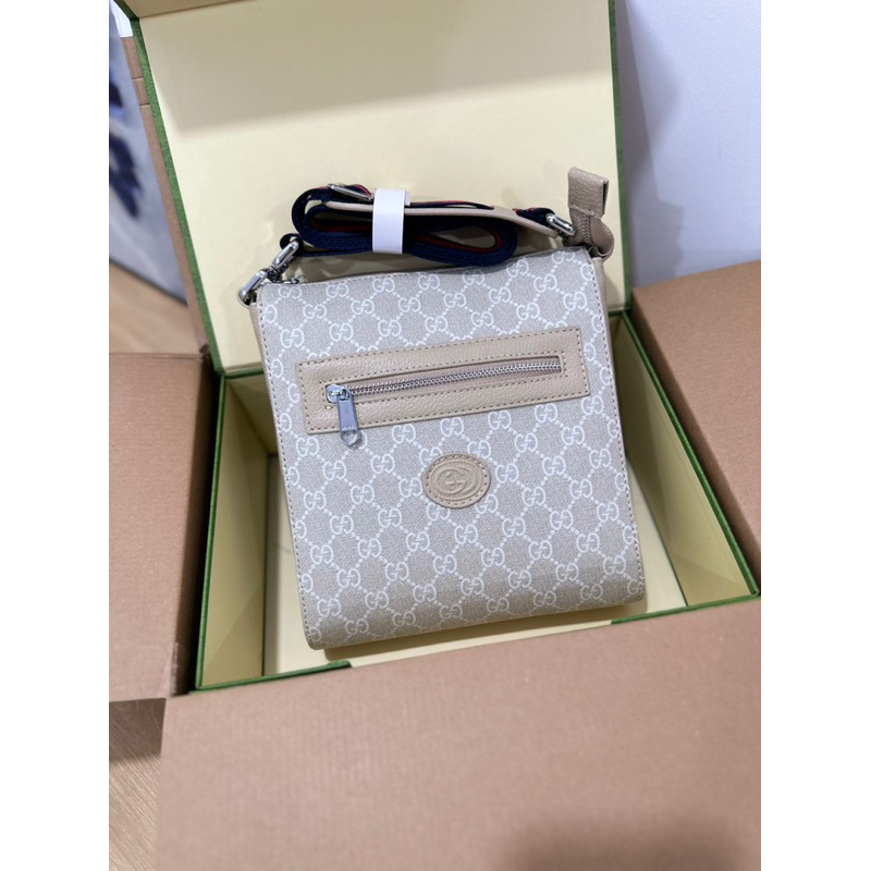 Bag đeo chéo full 2 box hoạ tiết vân xám siêu nét - Túi nam cao  cấp kem 2 hộp