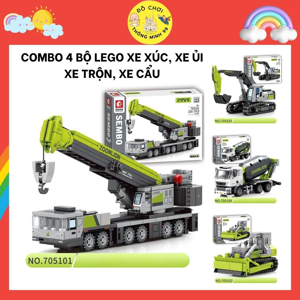 Combo 4 Bộ Xếp Hình Lego Máy Xúc, Máy Ủi, Xe Cần Cẩu, Xe Trộn Bê Tông