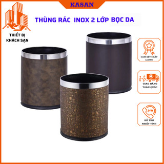Thùng rác inox 2 lớp bọc da, thùng đựng rác khách sajn, chất liệu inox, thép phun sơn tĩnh điện, vỏ bọc da, Ø22,5 x 27cm