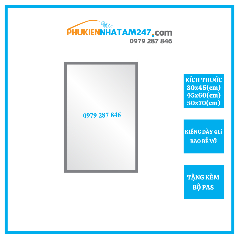 Gương soi treo tường PHÁT ĐẠT (đủ size) dày 4li tặng kèm pas, gương kính treo phòng tắm nhà tắm toilet, gương chữ nhật