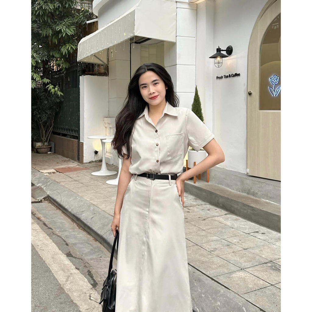Sét áo sơ mi và chân váy chất ka ki thô mềm - 247store.vn - shetkemdai036/P8K9, k8