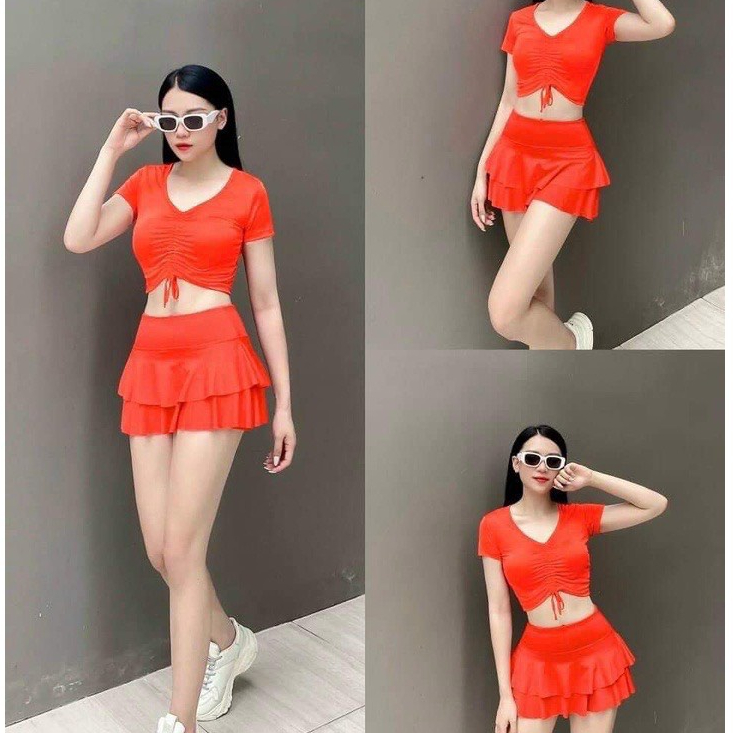 Bikini 2 Mảnh Kín Đáo Đi Biển Có Quần Trong Váy Áo Rút Kết Hợp Chân Váy 2 Tầng HM-09