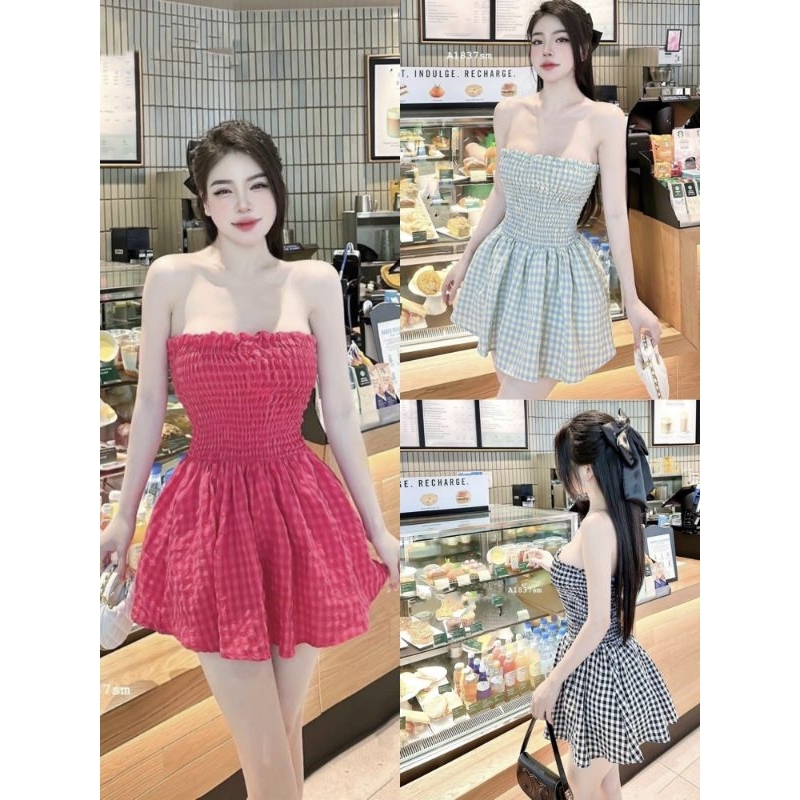 Đầm Ống Xòe Nhún Ngực Kẻ Ô Caro - Kèm Quần - Dáng Ngắn Ôm Body Sexy - Tiểu Thư Bánh Bèo Cute Sang Chảnh