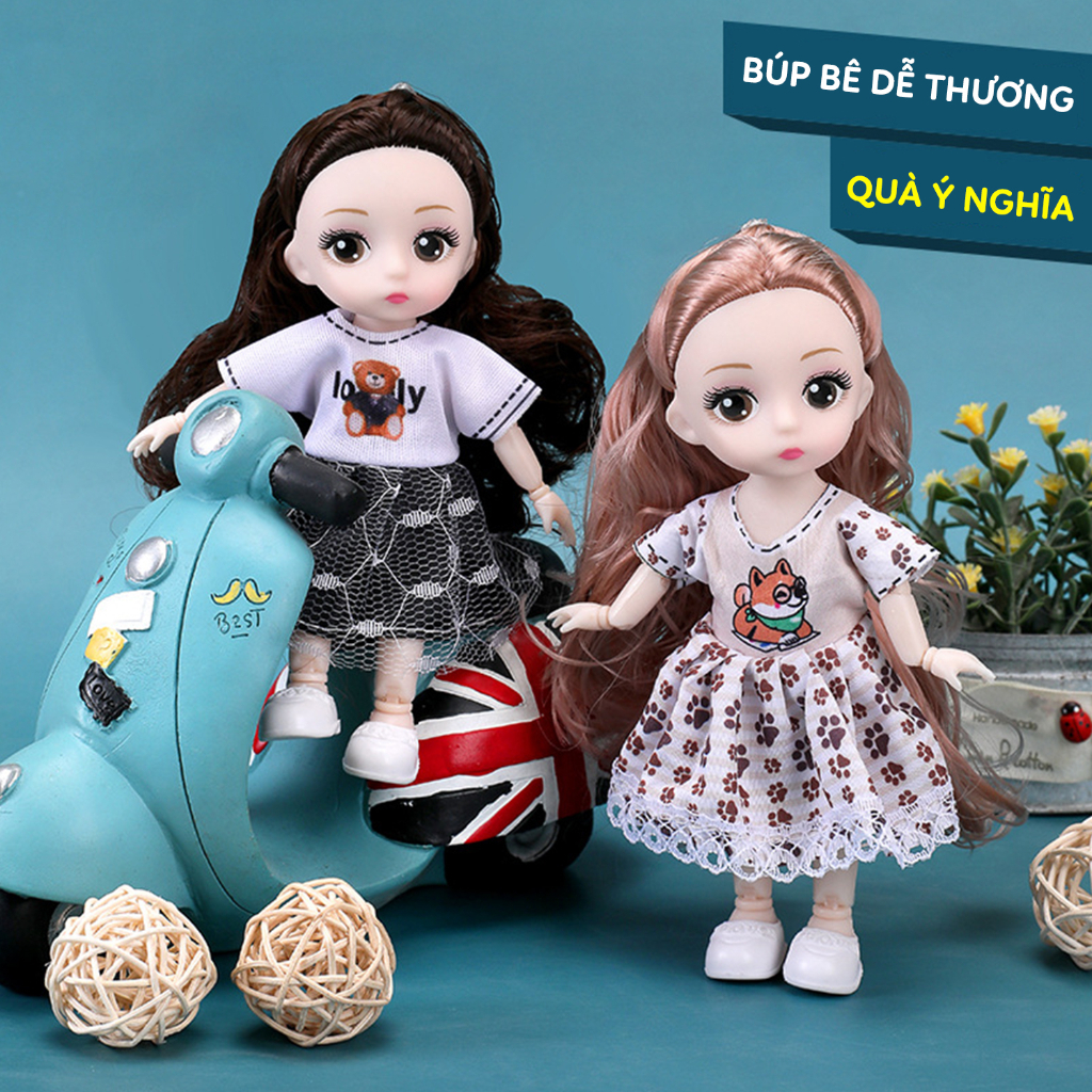 Búp bê barbie 3D có khớp xoay, đồ chơi cho bé gái công chúa mini 17cm kèm quần áo xinh xắn - BBB01