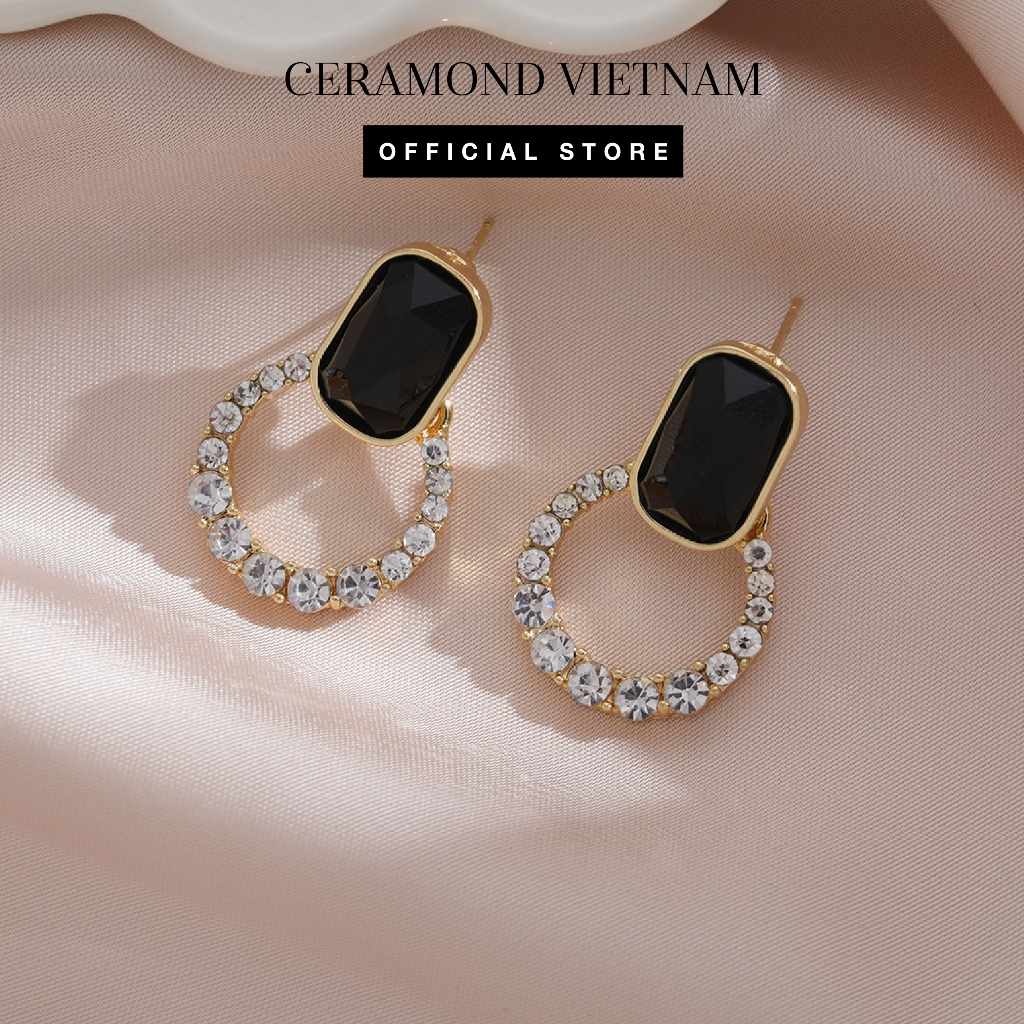 Khuyên tai nữ Ceramond Vietnam S925 mạ vàng đính đá kim sa K0101V - Trang Sức, Phụ Kiện Thời Trang