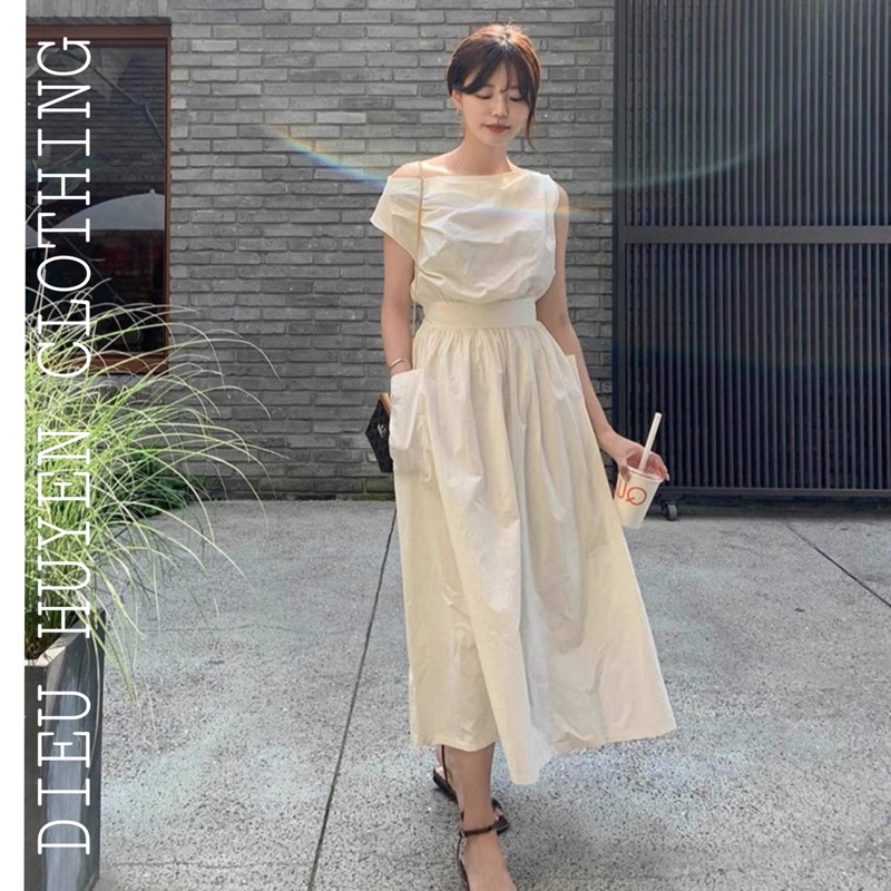 ĐẦM KAKI LỆCH VAI MÀU TRẮNG VANI PHONG CÁCH HÀN QUỐC 2023 Retro Vintage Taobao
