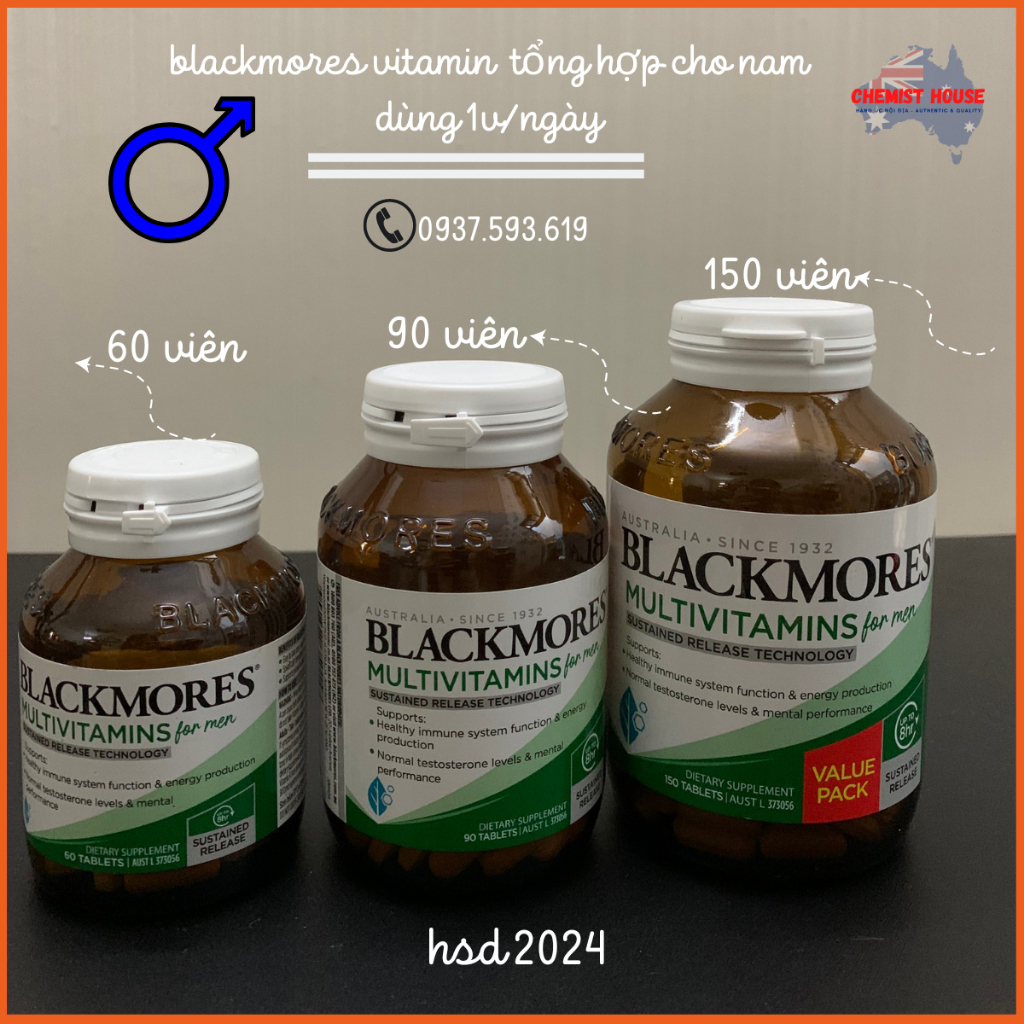 [Hàng chuẩn Úc] Vitamin tổng hợp cho Nam/đàn ông - Blackmores Multivitamin for Men 60V/90/150V