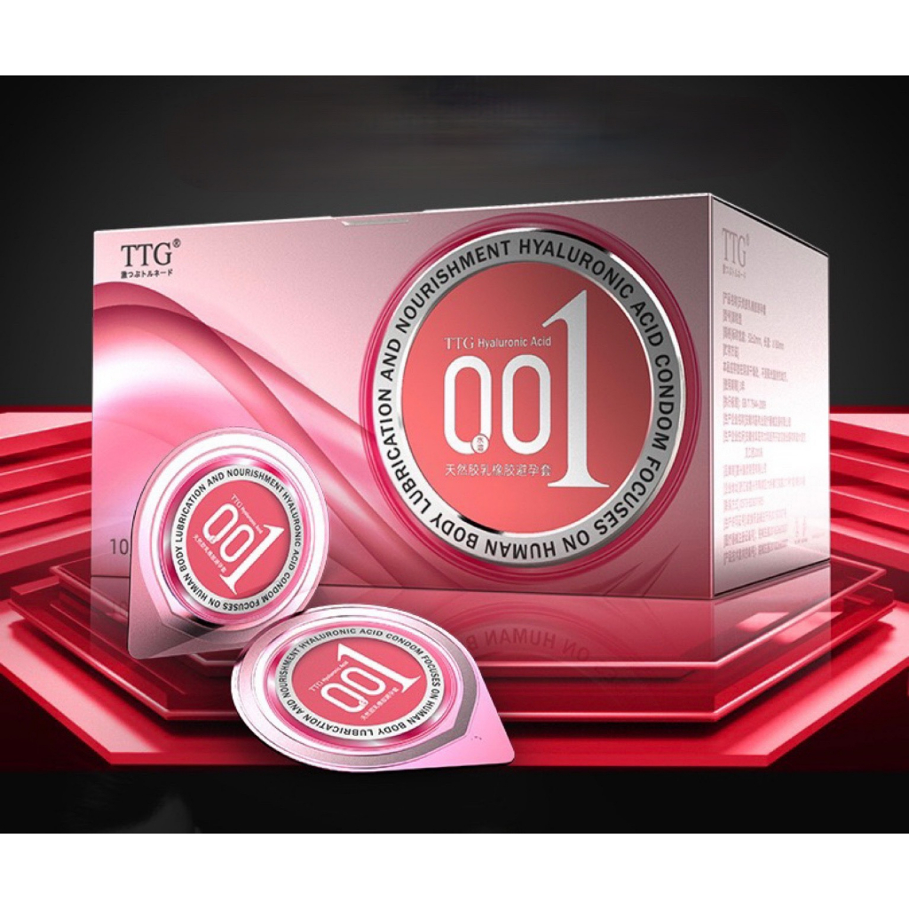 Bao cao su TTG 0.01mm màu hồng, gai tăng khoái cảm, gel gốc nước, hương vani olo, hộp 10 bcs