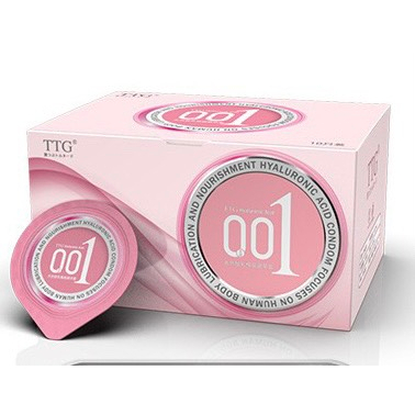 Bao cao su TTG 0.01mm màu hồng, gai tăng khoái cảm, gel gốc nước, hương vani olo, hộp 10 bcs
