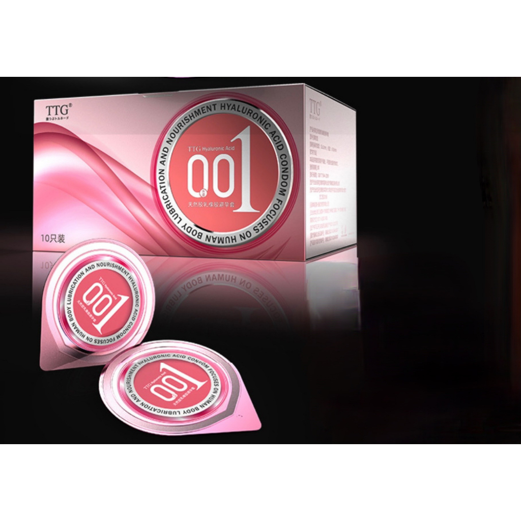 Bao cao su TTG 0.01mm màu hồng, gai tăng khoái cảm, gel gốc nước, hương vani olo, hộp 10 bcs