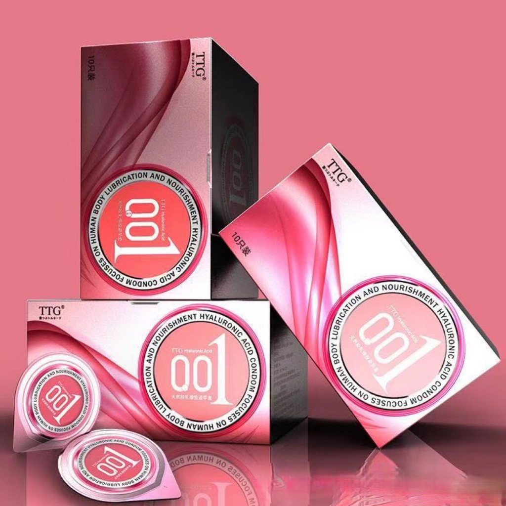 Bao cao su TTG 0.01mm màu hồng, gai tăng khoái cảm, gel gốc nước, hương vani olo, hộp 10 bcs