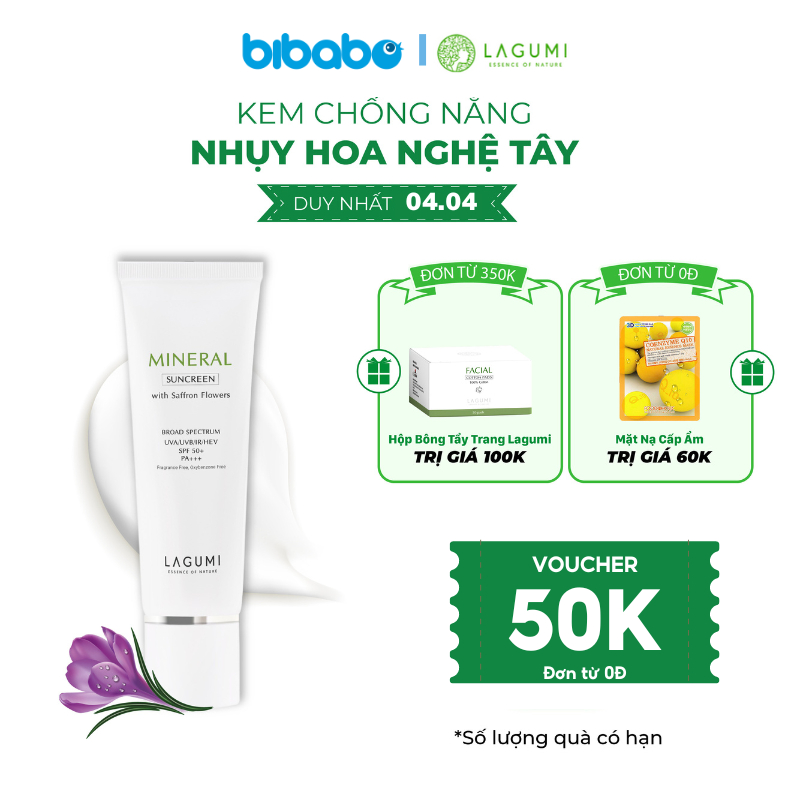 Kem chống nắng nâng tone tự nhiên Lagumi chiết xuất nhuỵ hoa nghệ tây an toàn cho mọi loại da và sử dụng được cho mẹ bầu
