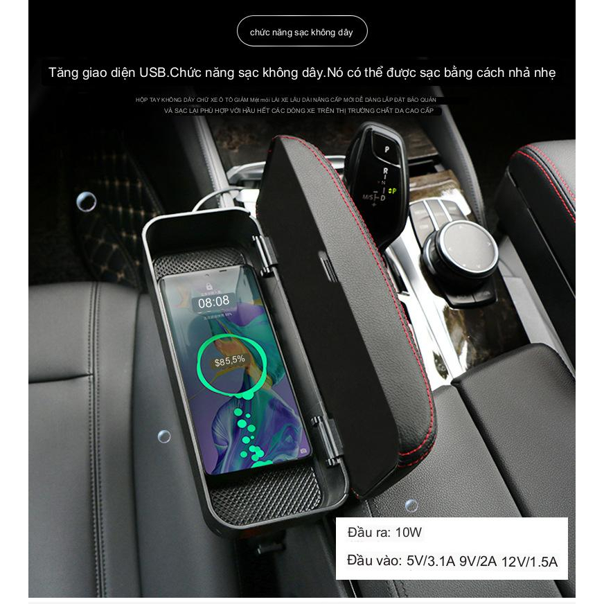 Hộp tì tay ô tô nhét kẽ xe, bệ để tay xe hơi kết hợp sạc không dây phù hợp mọi loại xe