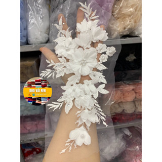 Tấm ren 3D hoa nổi điểm hạt cao cấp đính váy đầm