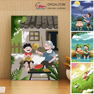 Tranh sơn dầu số hóa tự tô màu theo số Gam bộ tranh về tuổi thơ thời thơ ấu size 30x40cm đã căng khung