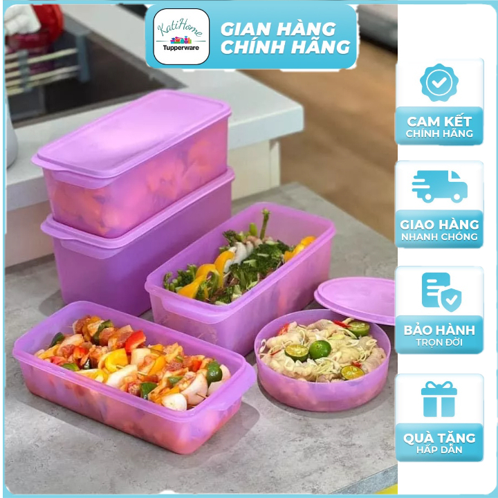 Bộ hộp nhựa đựng thực phẩm Tupperware Freshia màu tím set 5 ngăn mát tủ lạnh, hộp tròn kín nước, nắp dẻo