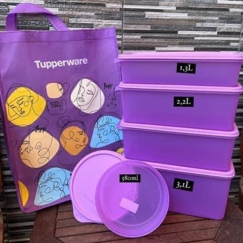 Bộ hộp nhựa đựng thực phẩm Tupperware Freshia màu tím set 5 ngăn mát tủ lạnh, hộp tròn kín nước, nắp dẻo