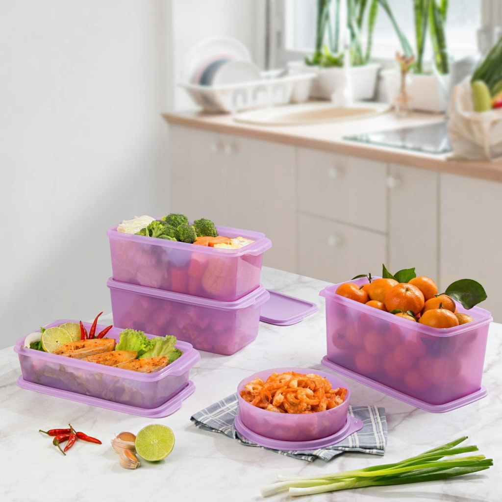 Bộ hộp nhựa đựng thực phẩm Tupperware Freshia màu tím set 5 ngăn mát tủ lạnh, hộp tròn kín nước, nắp dẻo