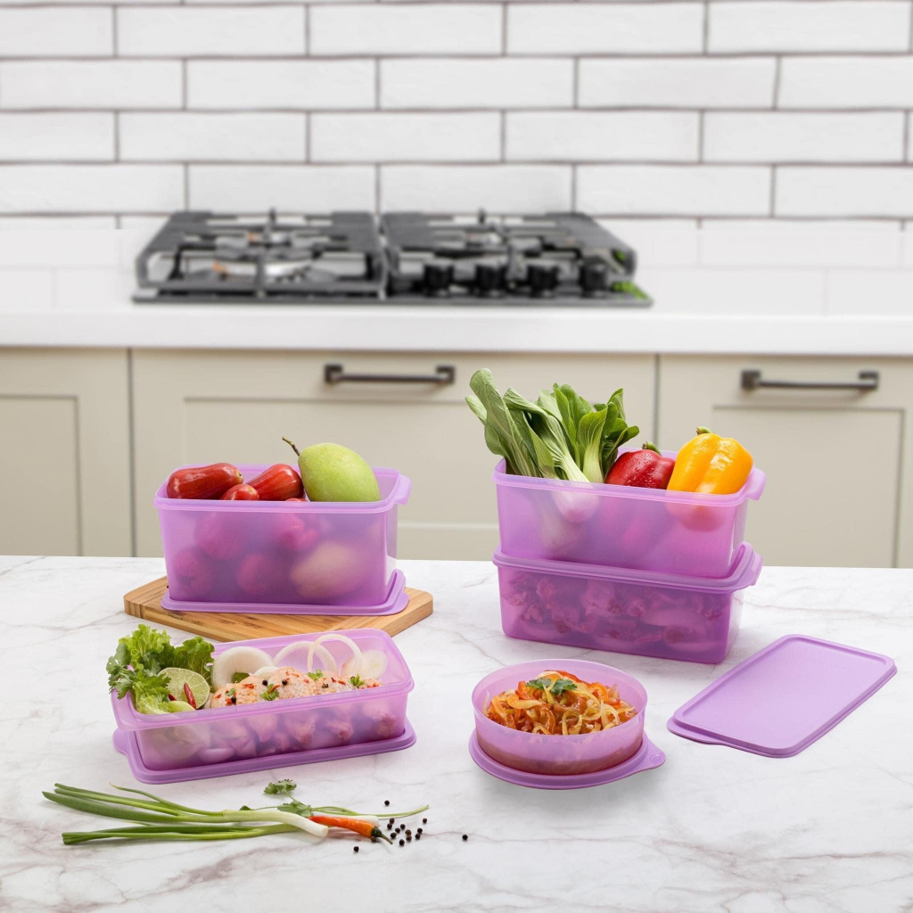 Bộ hộp nhựa đựng thực phẩm Tupperware Freshia màu tím set 5 ngăn mát tủ lạnh, hộp tròn kín nước, nắp dẻo