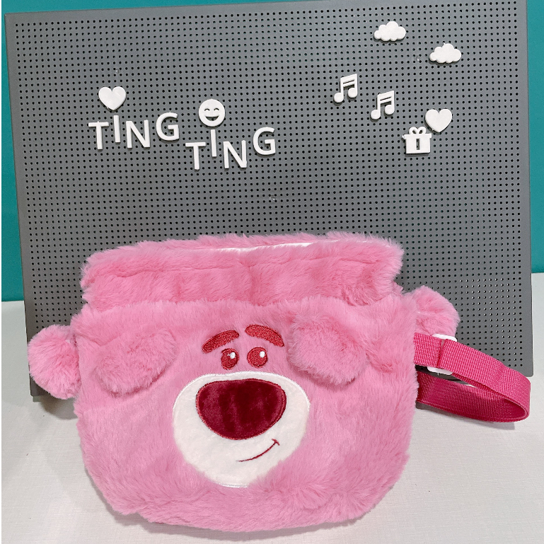 Túi đeo vai dây rút gấu dâu phối lông dễ thương, Túi xách đeo chéo gấu Lotso thời trang năng động _ Ting ting
