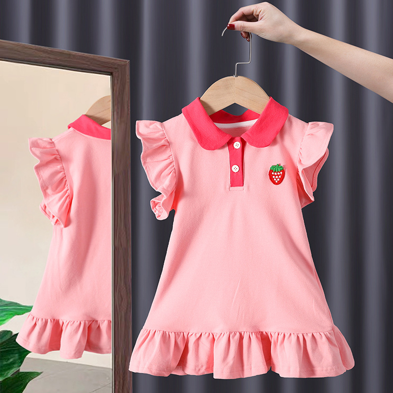 Đầm,váy thun cotton in hoạ tiết dâu tây đáng yêu phong cách thời trang hè Hàn Quốc dành cho bé gái
