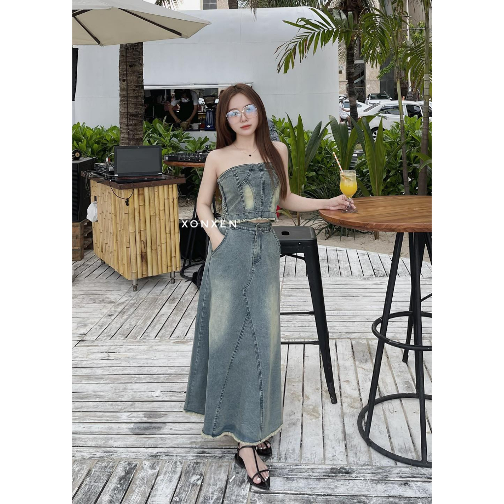 Sét chân váy jeans XONXEN SHOP QUY NHƠN WM cúp ngực tua lai, cá tính,siêu cuốn hút, có thể tách lẻ để phối mã 3018