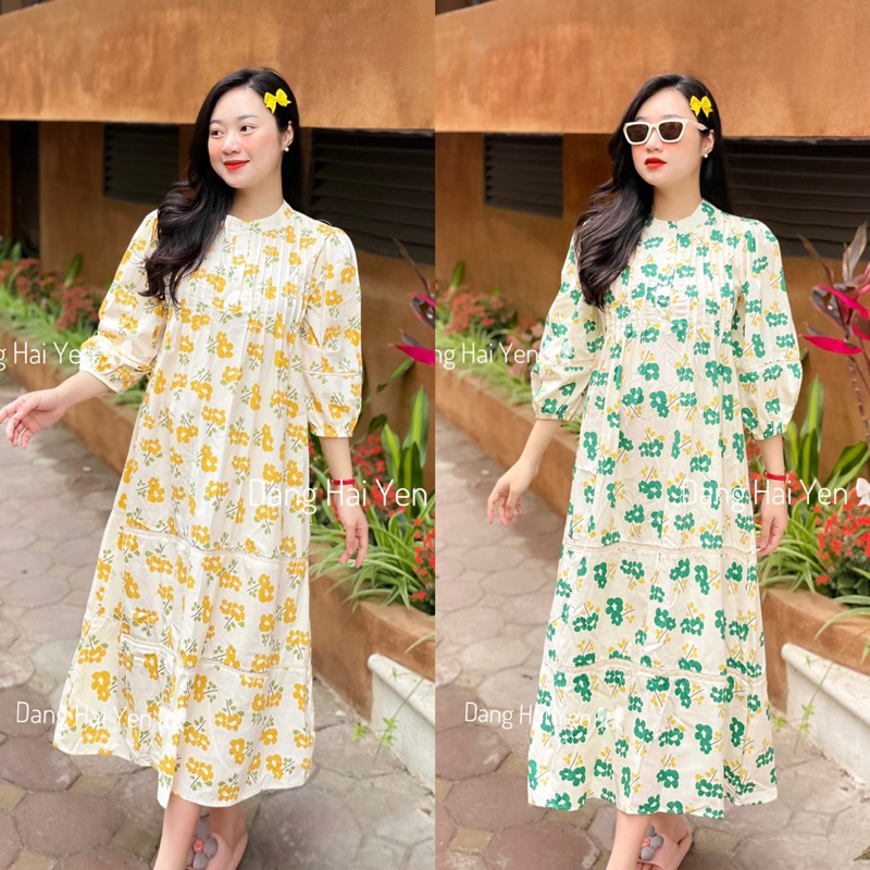Váy xuông dáng dài xếp ly ngực hoa nhí chất thô lạnh mềm mát tiểu thư