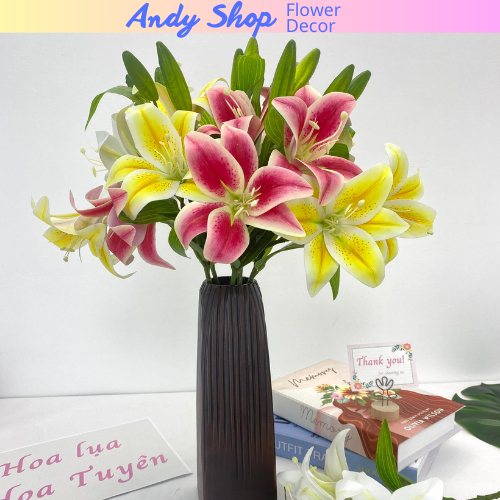Hoa ly giả 3 bông 2 nụ (54cm) trang trí nhà cửa, Hoa giả decor phòng, phụ kiện trang trí chụp ảnh - Andy shop